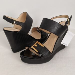 Geox Respira Sandal Leather Patent Buckle Open Toe Black Wedge 9.5 EU39.5 NWT